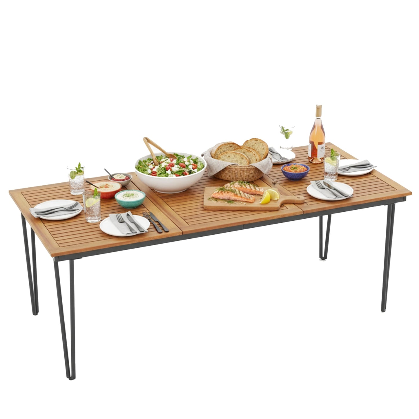 Tangkula 79 Inch Outdoor Dining Table for 8, Acacia Wood 8-Person Patio Table with 1.9 Inch Umbrella Hole, Metal Legs & Adjustable Foot Pads, Rectangular Outside Table for Garden, Poolside & Backyard