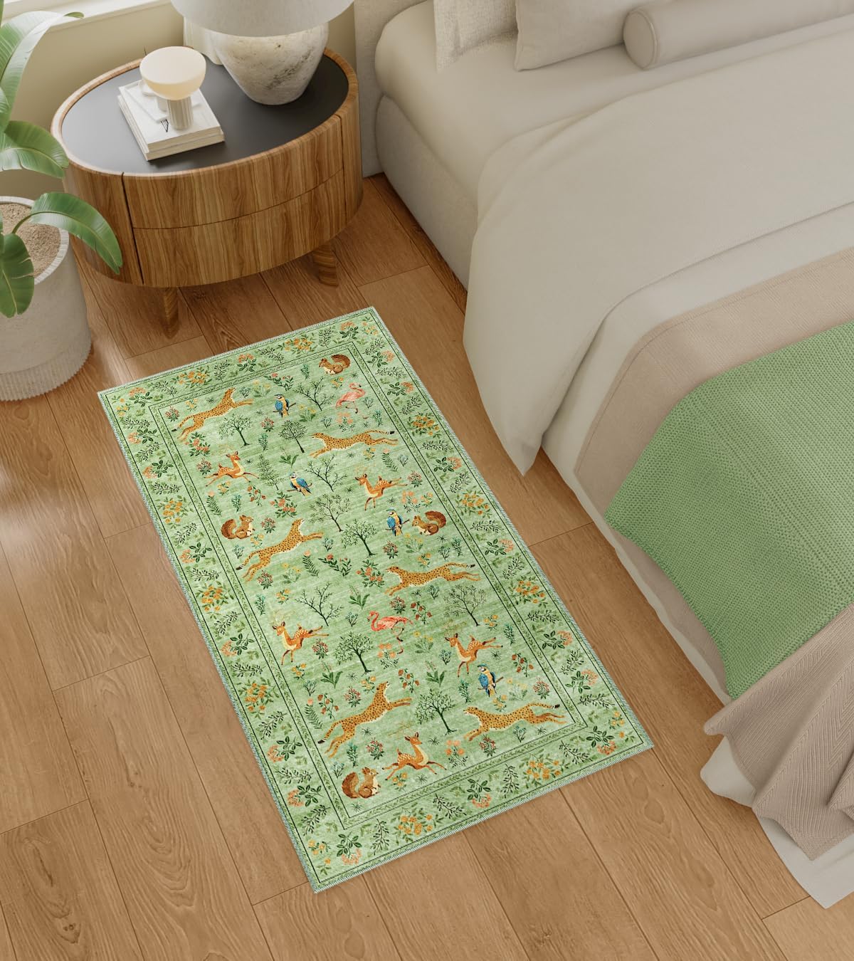 DUKINO 2x5 Rug for Hallway, Washable Kitchen Runner Rug with Non Slip Backing, Soft Low Pile Vintage Animal Runner for Bedroom, Kitchen, Hallway, Entryway, Laundry, Light Green
