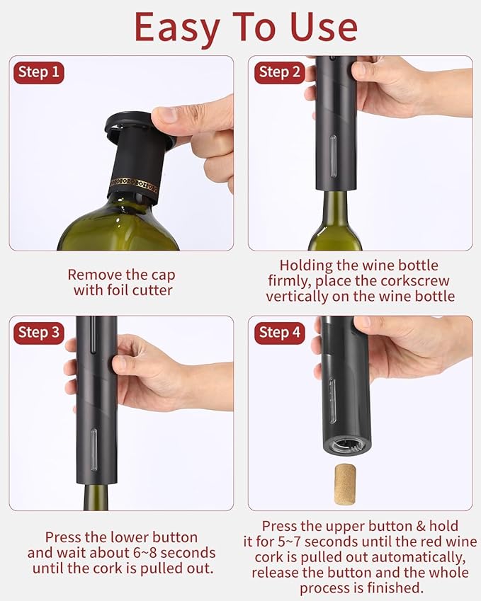 Electric Wine Opener, Battery Operated Wine Bottle Opener, Cordless Automatic Corkscrew with Foil Cutter, Fast Cork Removal, Gift Idea for Wine Lovers, Kitchen Bar Party Restaurant, Black