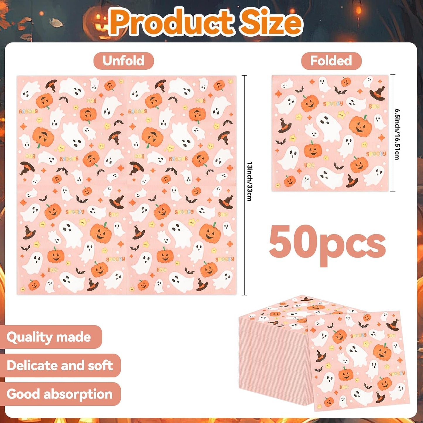 50PCS Pink Halloween Paper Napkins Cartoon Ghost Pumpkin Magic Hat Luncheon Napkins Disposable Dessert Dinner Hand Napkins for Halloween Birthday Party Supplies