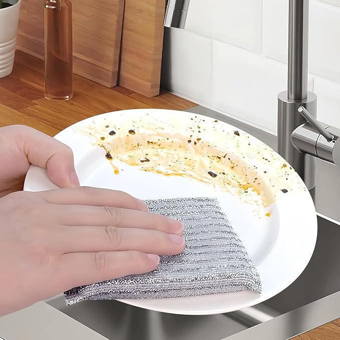 Non Scratch Scouring Pads 4 Pack - Double Sided Silver Silk Dish Sponge with Wire Scrubber | Heavy Duty Kitchen Cleaning for Pots Pans Top Sink | Safe for Nonstick Cookware Stainless Steel Cast Iron