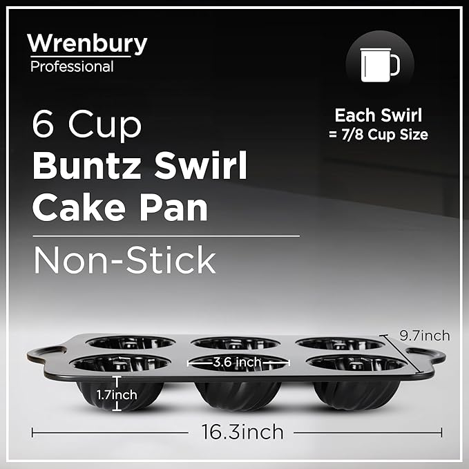 Wrenbury Swirl Buntz Pan for Baking Mini Non-Stick - 6 Cup Fluted Cake Tin for Small Cakes - PFOA Free and Dishwasher Safe - 3.75” Cup Width