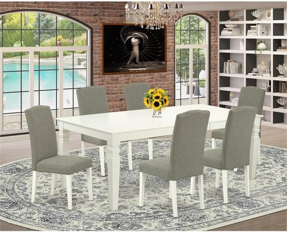 East West Furniture LGEN7-LWH-06 7 Piece Dining Room Table Set Consist of a Rectangle Kitchen Table with Butterfly Leaf and 6 Dark Shitake Linen Fabric Parson Chairs, 42x84 Inch, Linen White