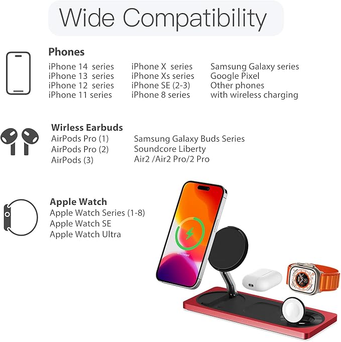 3-in-1 Charging Station for Apple Devices: Used for iPhone and Watch Charging Station with Magsafe Charger Stand, Wireless Charger for iPhone 17 Air 16 15 14 13 Series, Apple Watch Ultra, AirPods Pro
