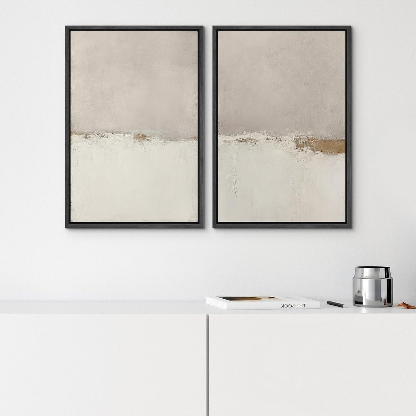 SIGNWIN Framed Canvas Print Wall Art Beige Gray Paint Strokes Abstract Grunge Landscape Prints Modern Art Minimalist Neutral Decor for Living Room, Bedroom, Office - 24"x36"x2 Black