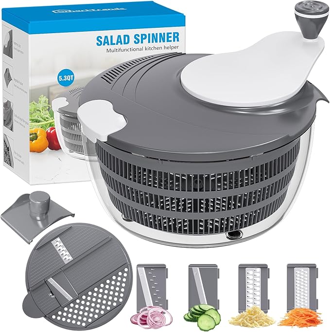 Salad Spinner, 5.3 QT Lettuce Spinner with Strainer, Fruit Cleaner with 4 Replaceable Blade for Shredding, Slicing and Pureeing, Salad Washer & Dryer for Quick Washing (Grey)
