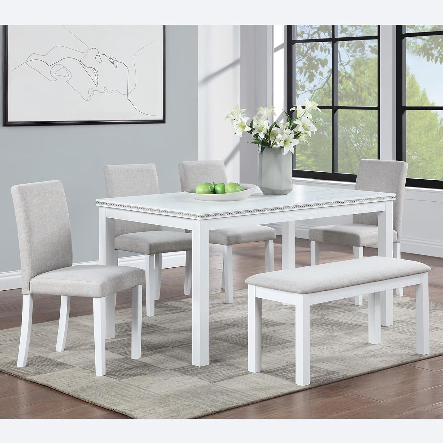 KEIKI 6-Piece Standard Height Dining Table Set with Rectangular Table, 4 Upholstered Chair, Bench, for 6 Person, Modern Crystal Decoration Table Set, Easy Assembly, for Kitchen, Dining Room, White