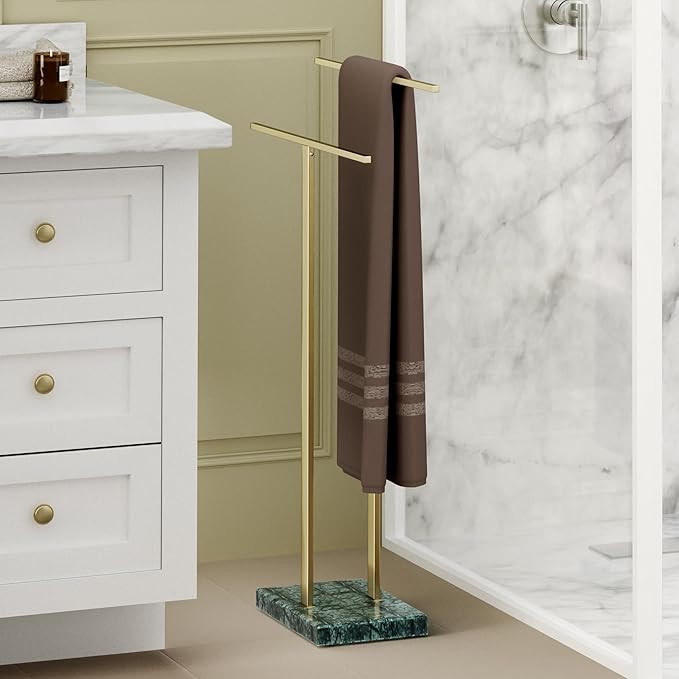 KES Standing Towel Rack with Green Natural Marble Base, 2-Tier Luxury Bath Towel Holder Stand for Bathroom Floor, Fits Bath Towel & Hand Towel, 18/8 Stainless Steel Brushed Gold, BTH217-GBZ