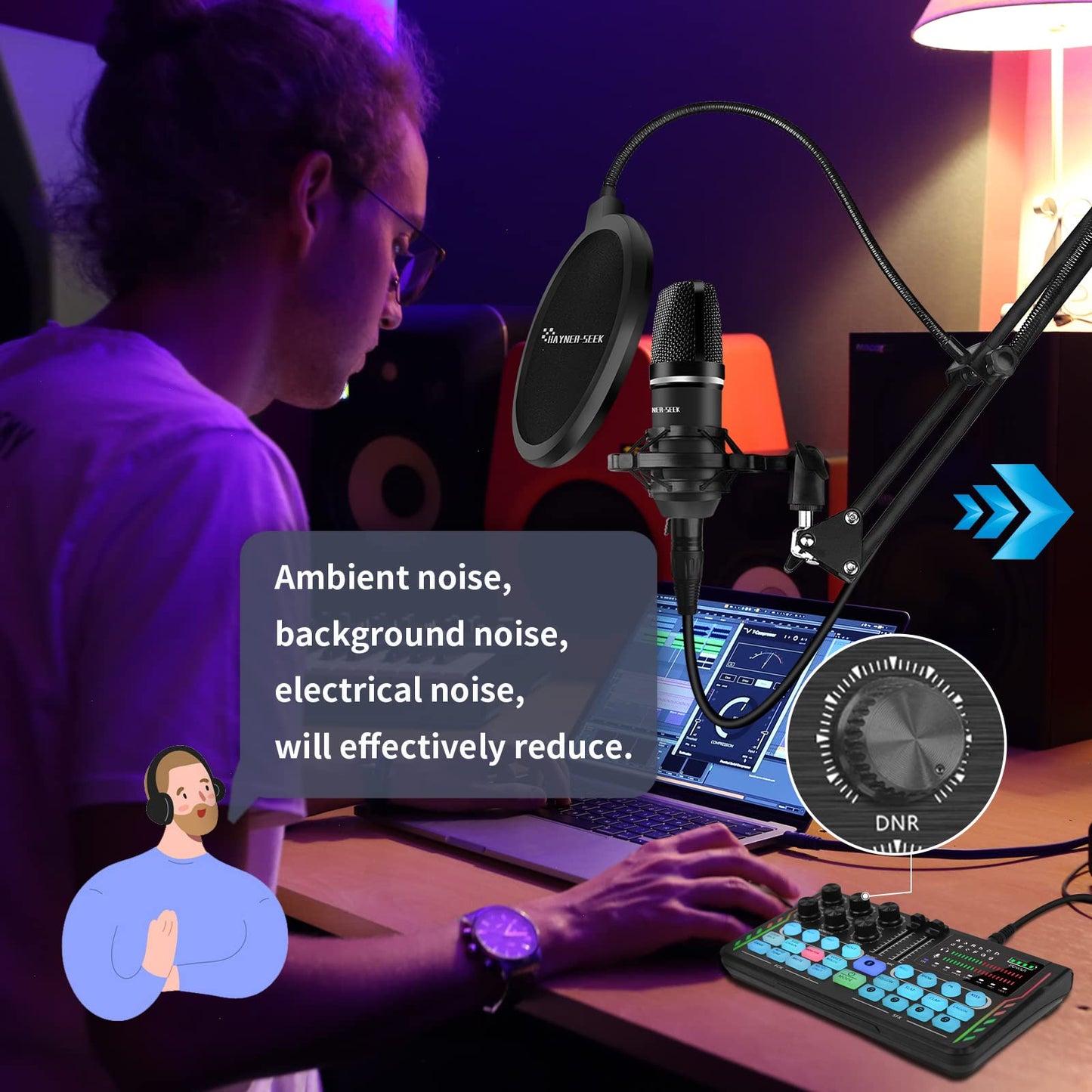 Hayner-Seek Podcast Equipment Bundle For 2, Dj Mixer With 3.5Mm Diaphragm Condenser Microphone For Live Streaming, Podcast Recor