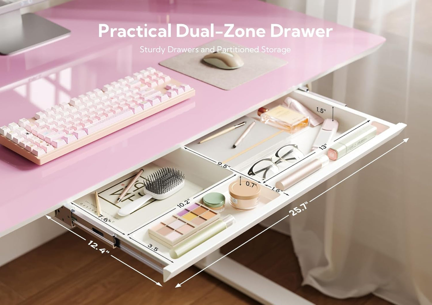 INNOVAR Glass Standing Desk with Drawers, Adjustable Height Stand Up Desk, Electric Standing Desks with Storage, 55 inch, Morandi Powder