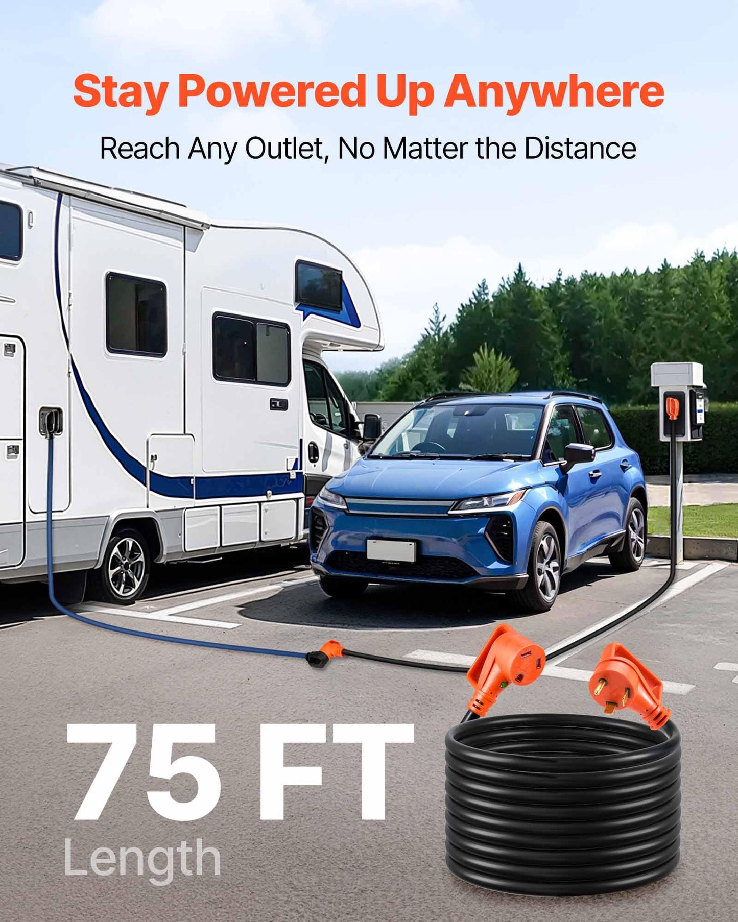 Vevor 75 Ft Rv Extension Cord, 30 Amp, 125V 2500W Heavy Duty Stw 10/3 Gauge Wire, Nema Tt-30P Male Nema Tt-30R Female Plug, With