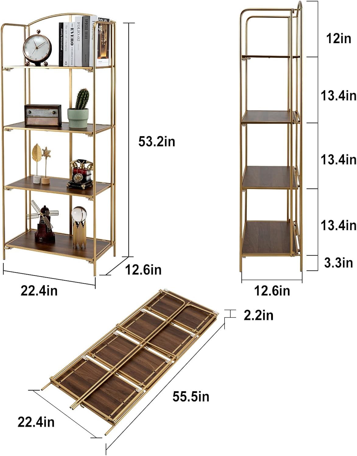 Crofy No Assembly Folding Bookshelf for Living Room, 4 Tier Gold Collapsible Book Shelf for Home Office, Portable Bookcase Storage Organizer