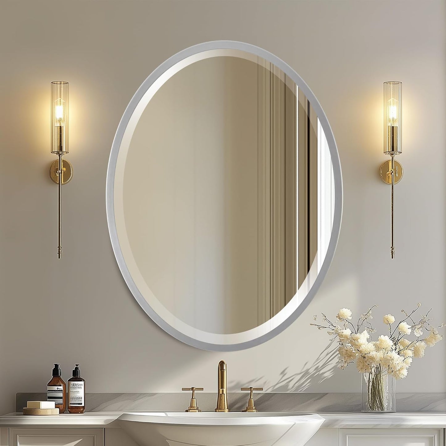 OVALCREST - Oval Wooden Beveled Wall Mirror for Home Decor, Bathroom, Vanity, Bedroom, Living Room, Hallway - London Style (Silver Spray) 13.1 x 17.1