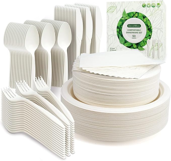 300Pcs Compostable Paper Plates Set, Eco-friendly Heavy Duty Plates & Biodegradable Utensil Include Forks,Knives,Spoons, Napkins, Disposable Dinnerware Set for Party (White)
