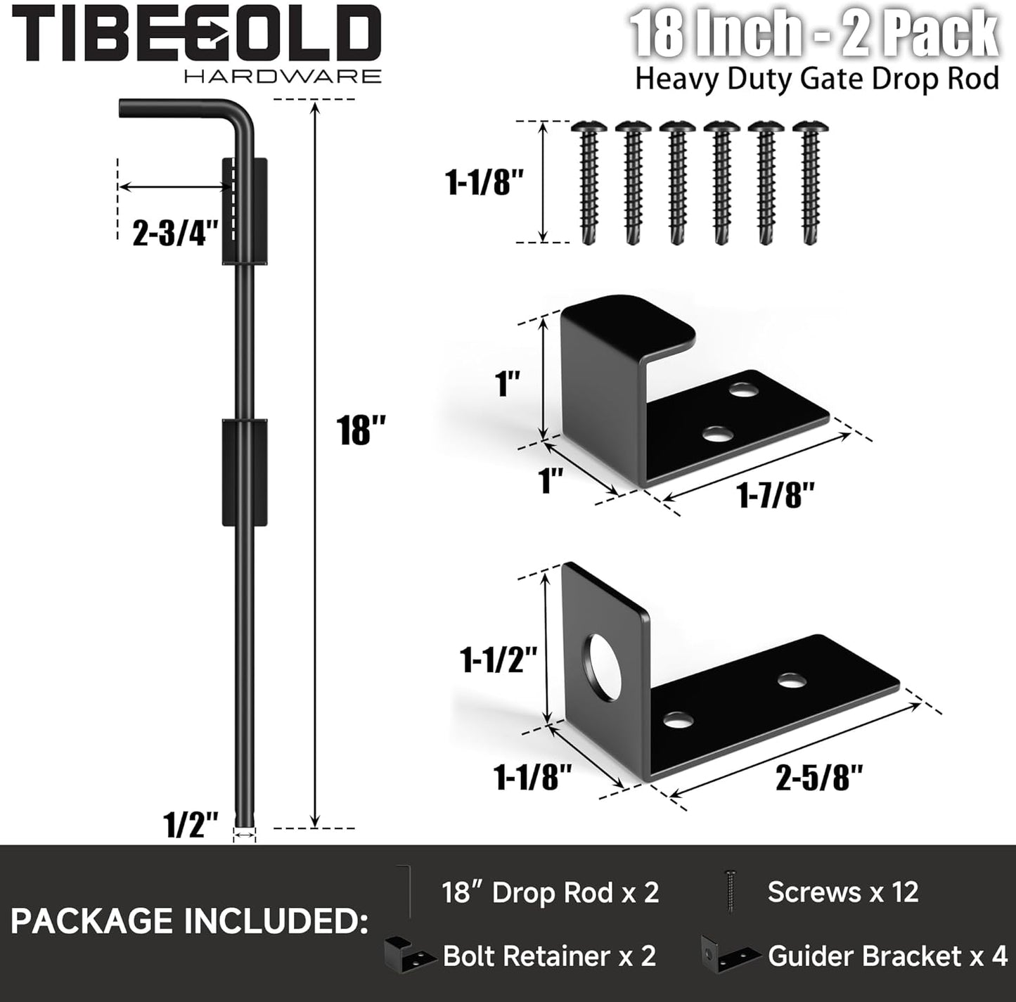 18" Heavy Duty Cane Bolt Gate Drop Rod, Extra Thick Gate Ground Latch Hardware for Wood PVC Vinyl Metal Fences Gates, Wrought Iron Doors Stopper Gate Latches, Black Finish, 2 Pack