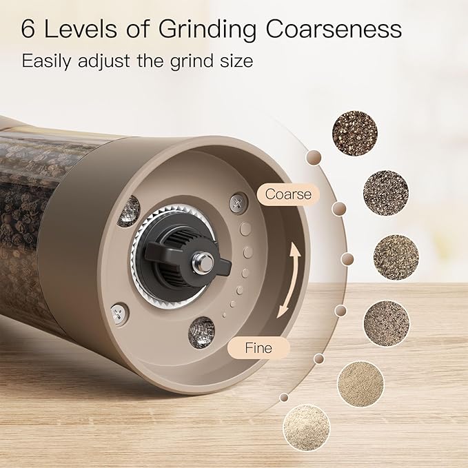 Ultrean Electric Salt and Pepper Grinder Set, Rechargeable Salt and Pepper Shakers, 6 Adjustable Coarseness, LED Light, Kitchen Gadget & Housewarming Gift, Brown