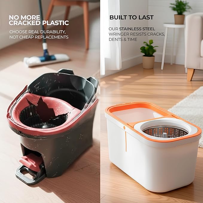 Spin Mop and Bucket Set Cleaning System Wringer 360 Microfiber Mop with Stainless Steel Handle Self Wringing Bucket for Tile Hardwood Laminate Floors Includes 2 Mop Head Refills