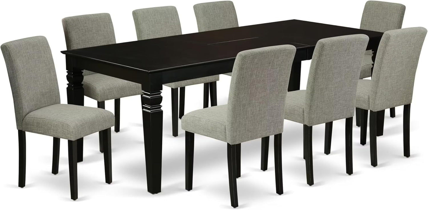 East West Furniture LGAB9-BLK-06 9 Piece Dining Room Furniture Set Includes a Rectangle Wooden Table with Butterfly Leaf and 8 Shitake Linen Fabric Parson Chairs, 42x84 Inch, Black
