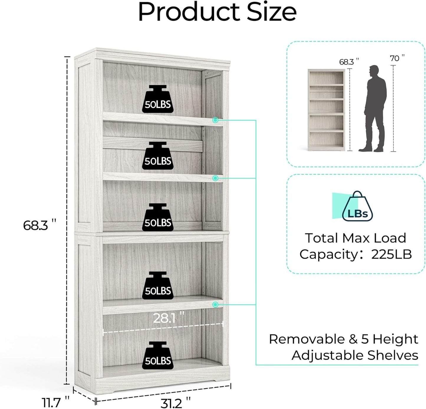 LINSY HOME 5-Shelf Bookcase, Bookshelves Floor Standing Display Storage Shelves 68 in Tall Bookcase Home Decor Furniture for Home Office, Living Room, Bed Room - White Oak