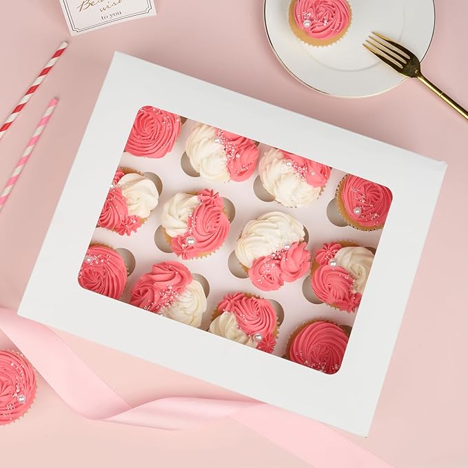 12 Count Cupcake Boxes, 8 Pack Auto-Popup White Cupcake Containers with Window and Inserts Cupcake Carrier with Holders to Fit Dozen Cupcakes and Muffins