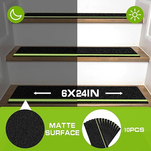 LadyRosian Outdoor Stair Treads Non Slip 10-Pack Black Glow 6" x 24" - Weather Resistant Adhesive Heavy Grip Tape - Waterproof Anti Skid Strips- Glow in The Dark 80-Grit Adhesive Treads