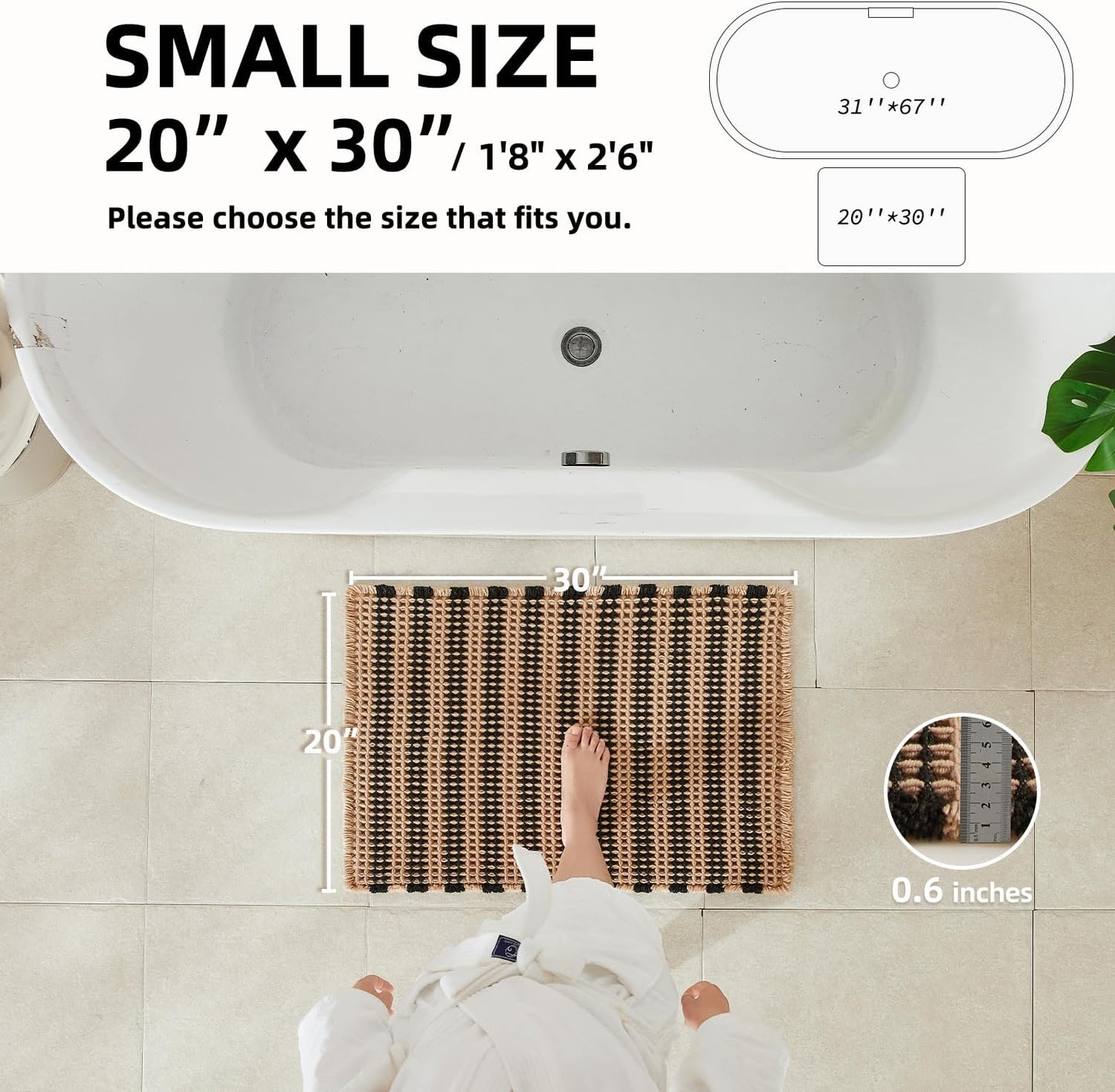 Waffle Bath Mat, Boho Bathroom Rugs Non Slip Washable Super Absorbent Quick Dry Bath Mat Farmhouse Bathroom Decor, 30"x20" Black and Khaki