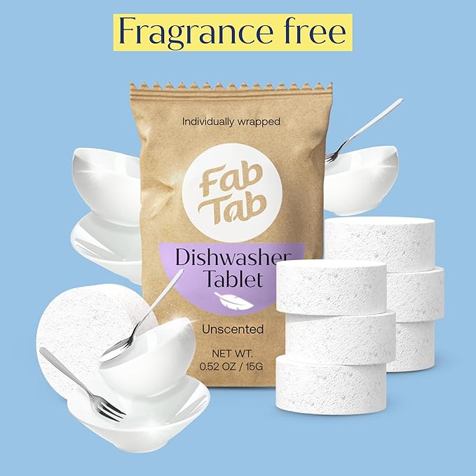 Fab Tab Dishwasher Tablets, Unscented, A Plastic Free Dishwasher Pod Alternative, Powers Through Grease, Leaves No Residue, Safe for The Whole Family, Individually Wrapped