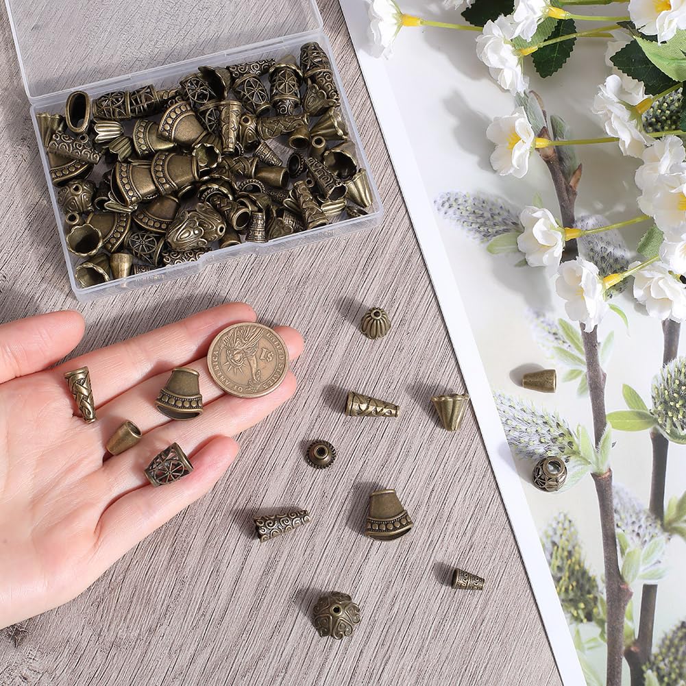 SOFPLATE 100Pcs 10 Styles Flower Bead Caps Cone Bead Spacers Tibetan Style Antique Bronze Flowers Tassel End Caps Supplies for Jewelry Making Women DIY Crafting Findings Earrings Accessories
