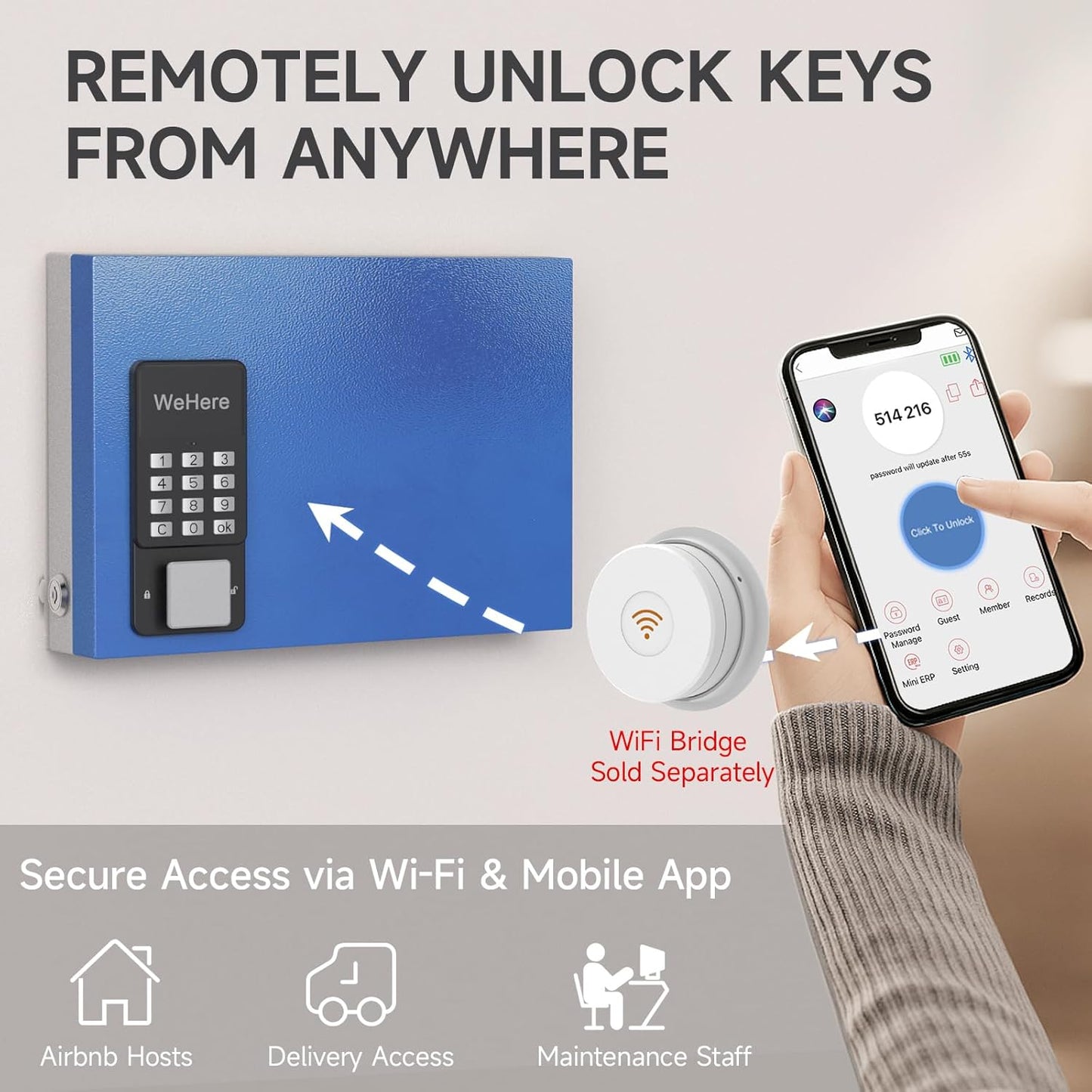 WeHere 16 Key Lock Box Wall Mount, Smart Key Cabinet with Key Tags, Bluetooth App Control, OTP & Password Unlock, Wi-Fi Remote Unlock (Bridge Sold Separately), Steel Key Safe for Office Home Business