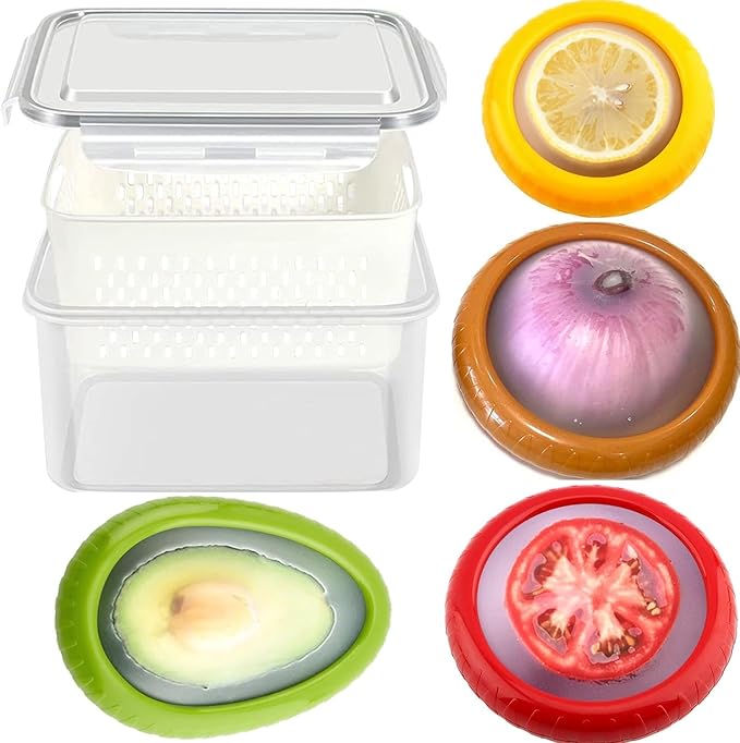 5 Pack Fruit Vegetable Storage Containers for Fridge, Berry Keeper Box Containers with Leak-proof Lids, Onion Saver, Tomato Saver, Lemon Saver, Avocado Saver, Keep Fresh Produce Saver Containers