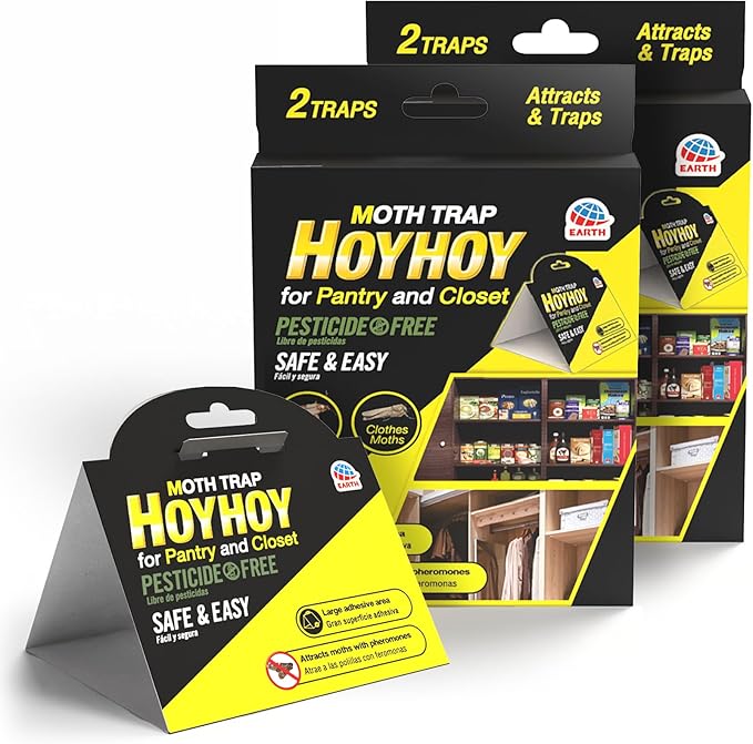 HOY HOY Pheromone-Infused Glue Traps – 4 Traps (2 Packs), Effective for Pantry & Closet Moths, Dual Hanging/Placement Options, Lasts Up to 3 Months