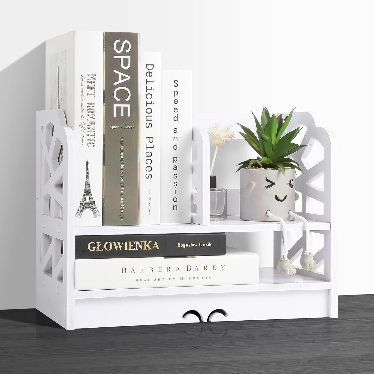 YGYQZ Small Bookshelf for Desktop Storage, Mini Cute Office Desk Shelves White Versatility Organizers for Women, Kids