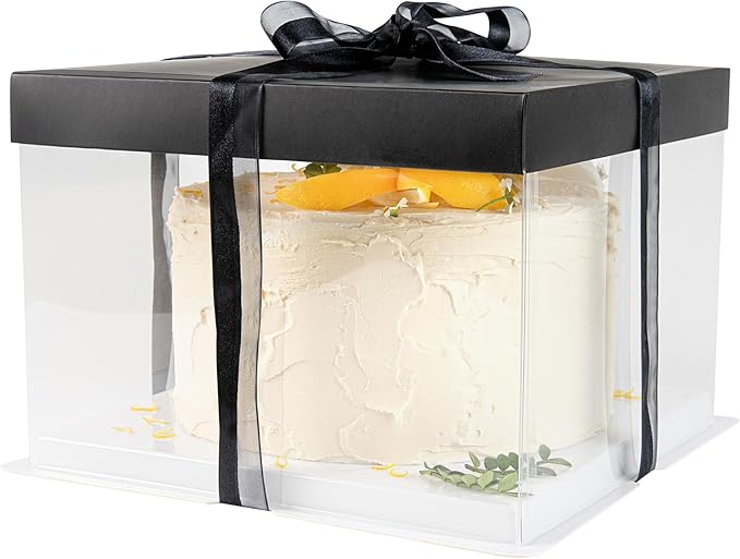 Sweet Vision Square Clear Plastic Cake Box - Black Lid and White Base, Black Ribbon - 8 1/2" x 8 1/2" x 6 3/4" - 10 count box