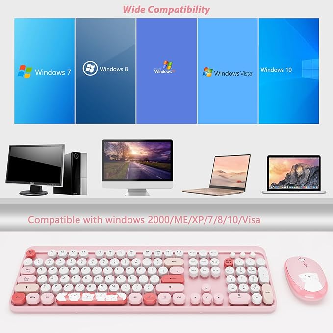 Wireless Keyboard,KOOTOP Cute Colorful 104 Keys Typewriter Retro Round Keycaps Keyboard for PC Laptop,Desktop,Windows, Home and Office Keyboards(Pink)