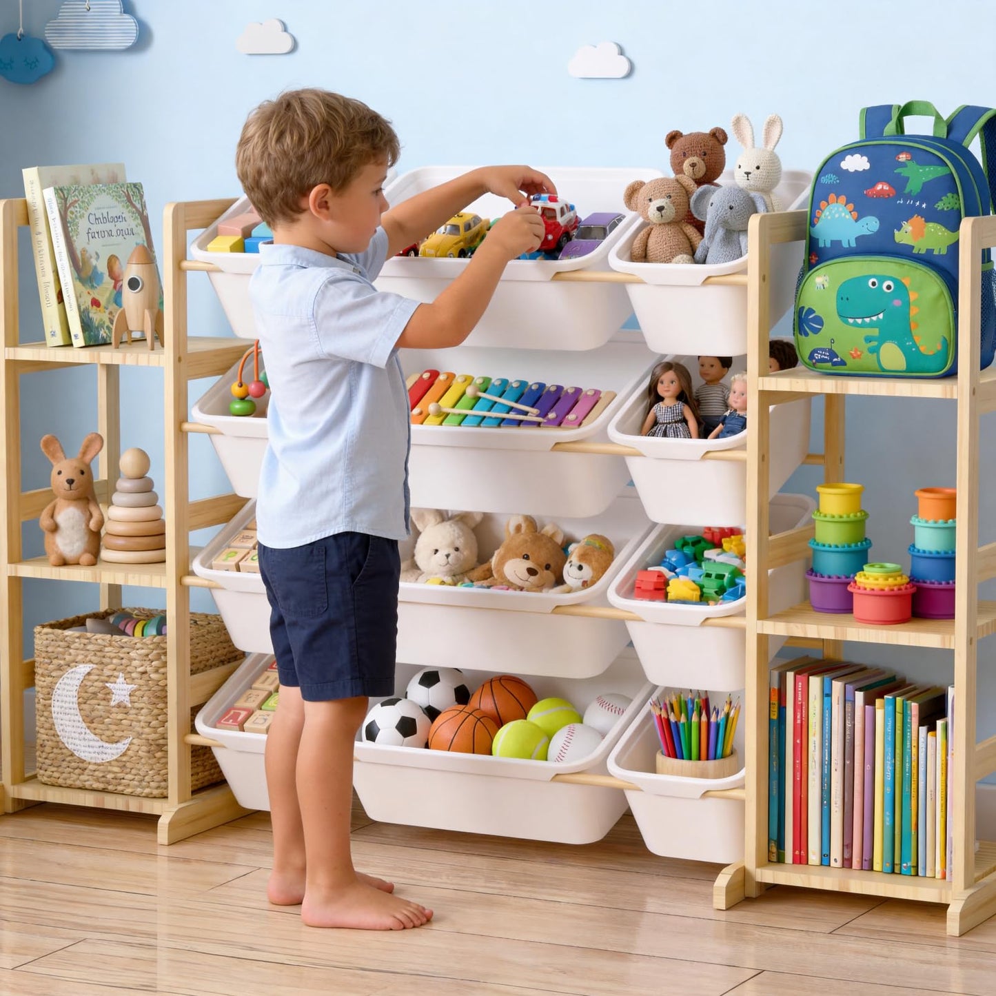 Dclavy Toy Storage Organizer with Bookshelf for Kids, Large Wooden Shelf with 12 Storage Bins & 6 Shelves, Toy Box Organization for Kids Rooms, Playroom, Nursery and Living Room