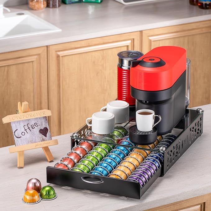 ZCDCP for Coffee Pod Holder, Vertuo Pod Holder Drawer Glass Top Coffee Pod Organizer Storage (50 Pods Capacity)