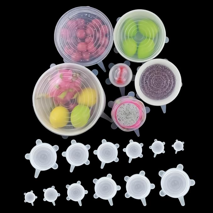 Reusable Silicone Stretch Lids18PCS Round Stretchy Food Covers, Airtight & Leakproof, Microwave & Dishwasher Safe