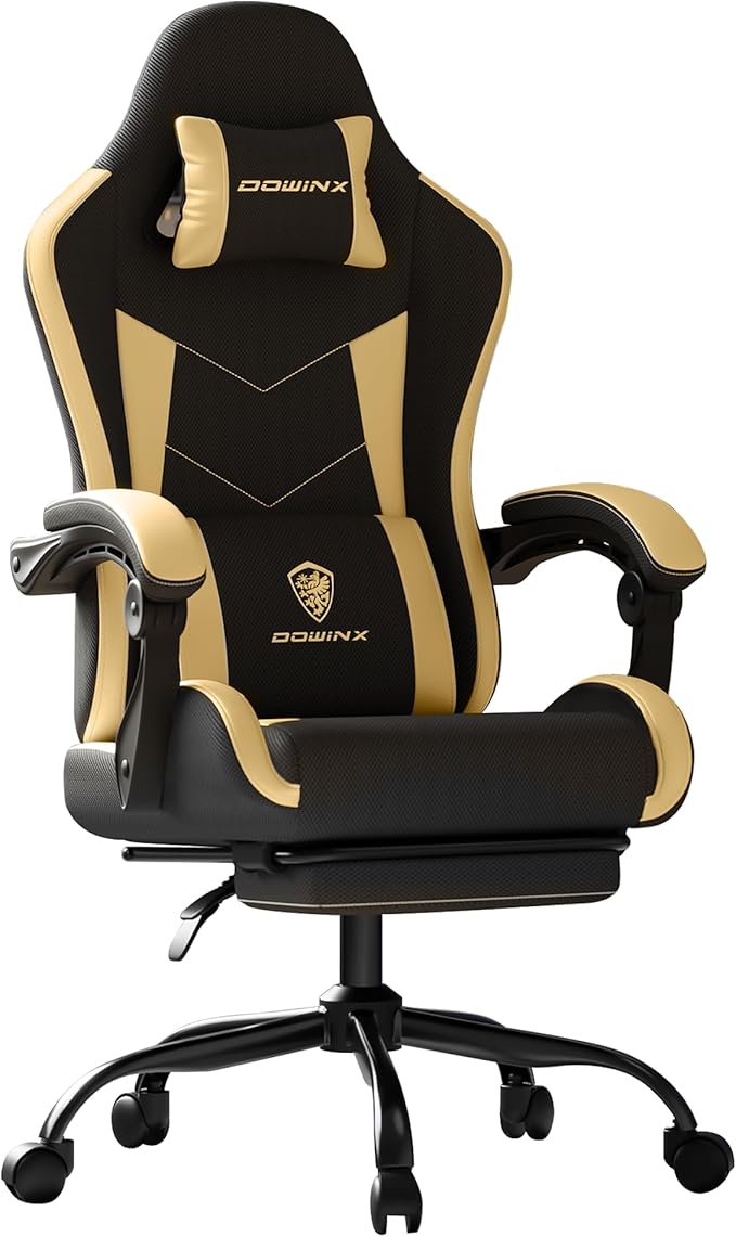 Gaming Chair with Footrest, Ergonomic 330lbs Leather Mesh Chair, Massage Lumbar Support, Adjustable Height & Headrest Pillow, Breathable Seat for Office, Home, Streaming, Long Gaming Sessions, Gold