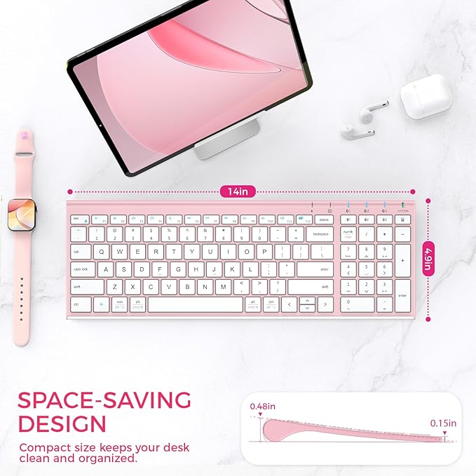 iClever BK10 Bluetooth Keyboard, Wireless Rechargeable Ultra-Slim Keyboard with Long Battery Life, Compatible with iOS, Android, Windows, Mac for iPad, Tablet, Laptop, PC, Phone