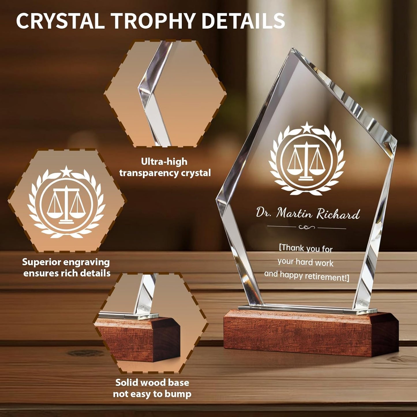Custom Crystal Trophy Award with Wood Base, Custom Plaque Personalized Engraved with LOGO Text, Employee Appreciation Gift, Retirement Gift for Employee Coworker, Sports Recognition Trophies