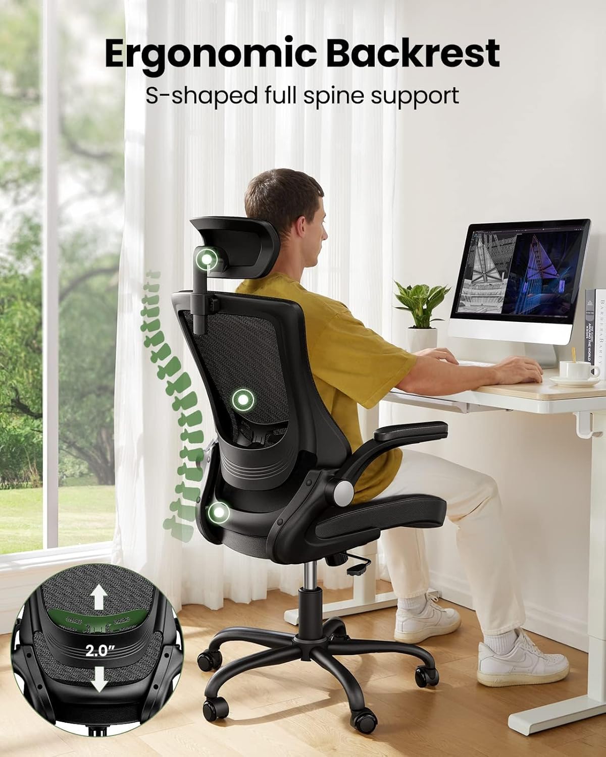 Marsail Office Chair Ergonomic Desk Chair, 360°Swivel Mesh Back Wide Computer Chair PU Leather Criss Cross Chair,Adjustable Lumbar Support & Flip-up Armrests,Adjustable Height Executive Task Chair