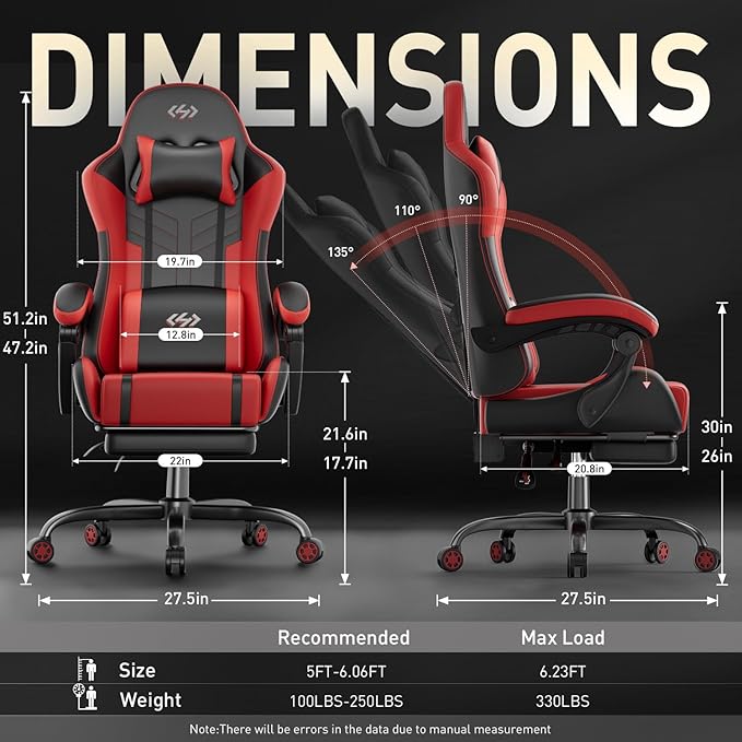 HLDIRECT Gaming Chair, Ergonomic Video Game Seat with 360° Swivel & Lumbar Massage, Computer Chair PU Leather Cushion for Adults Home/Office Use (Black & Red)