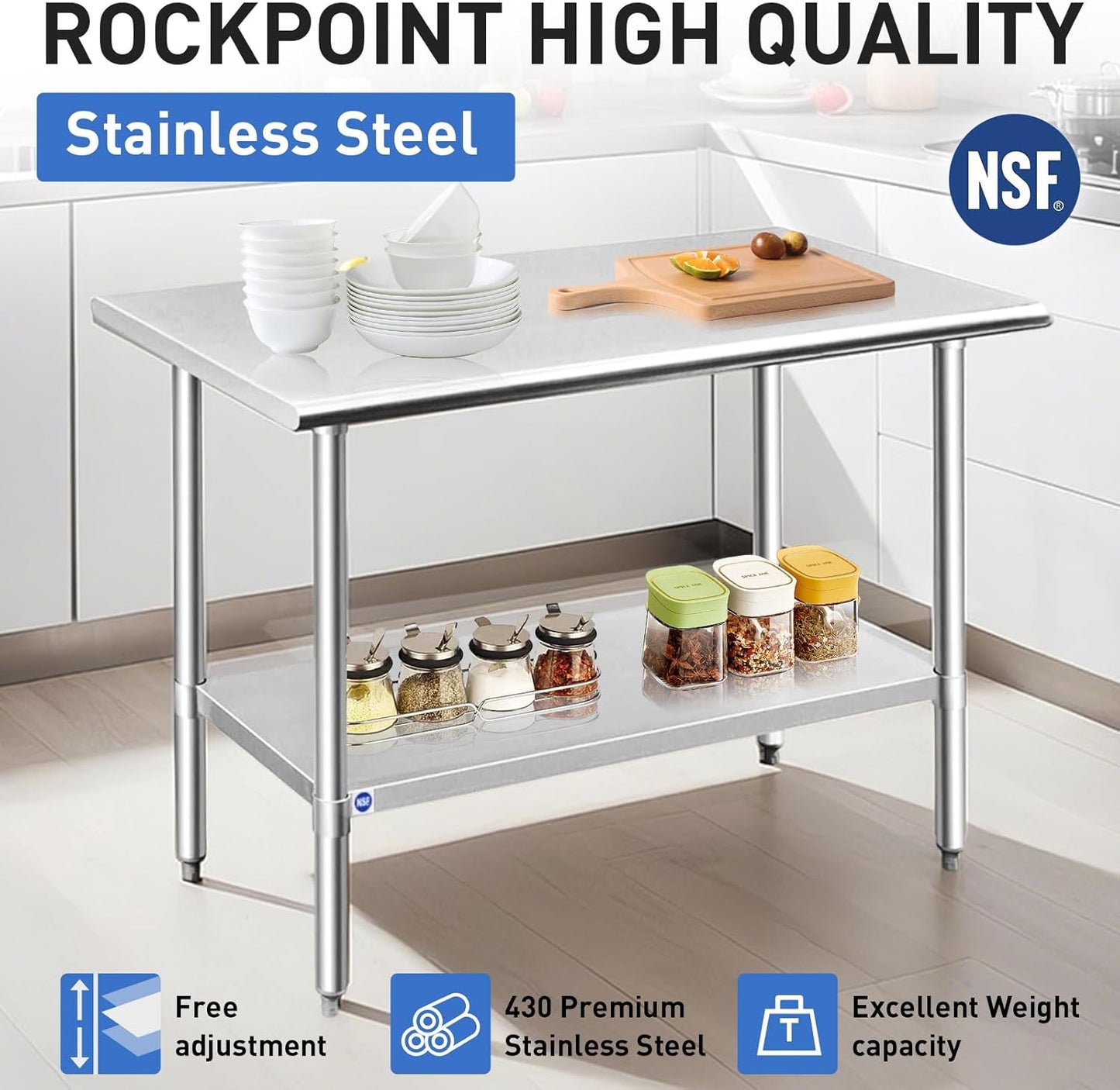 ROCKPOINT Stainless Steel Table for Prep & Work 18x24 Inches, NSF Metal Commercial Kitchen Heavy Duty Table with Adjustable Under Shelf and Table Foot for Restaurant, Home and Hotel