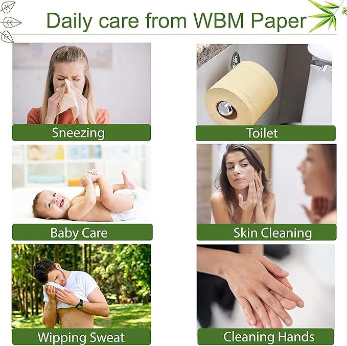WBM Care Bamboo Toilet Tissue, Strong & Flexible 3-Ply, All Natural Tree Free and Septic Safe Paper Towels, 208 Sheets Each Roll, Total 6240 Sheets, 30 Rolls