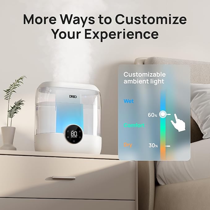 DREO Smart Humidifiers for Bedroom, 6L Top Fill Supersized Cool Mist Humidifier for Large Room, 60 Hour Runtime, Quiet Ultrasonic Humidifiers for Plants, Baby, Indoor, Home, Night Light, White