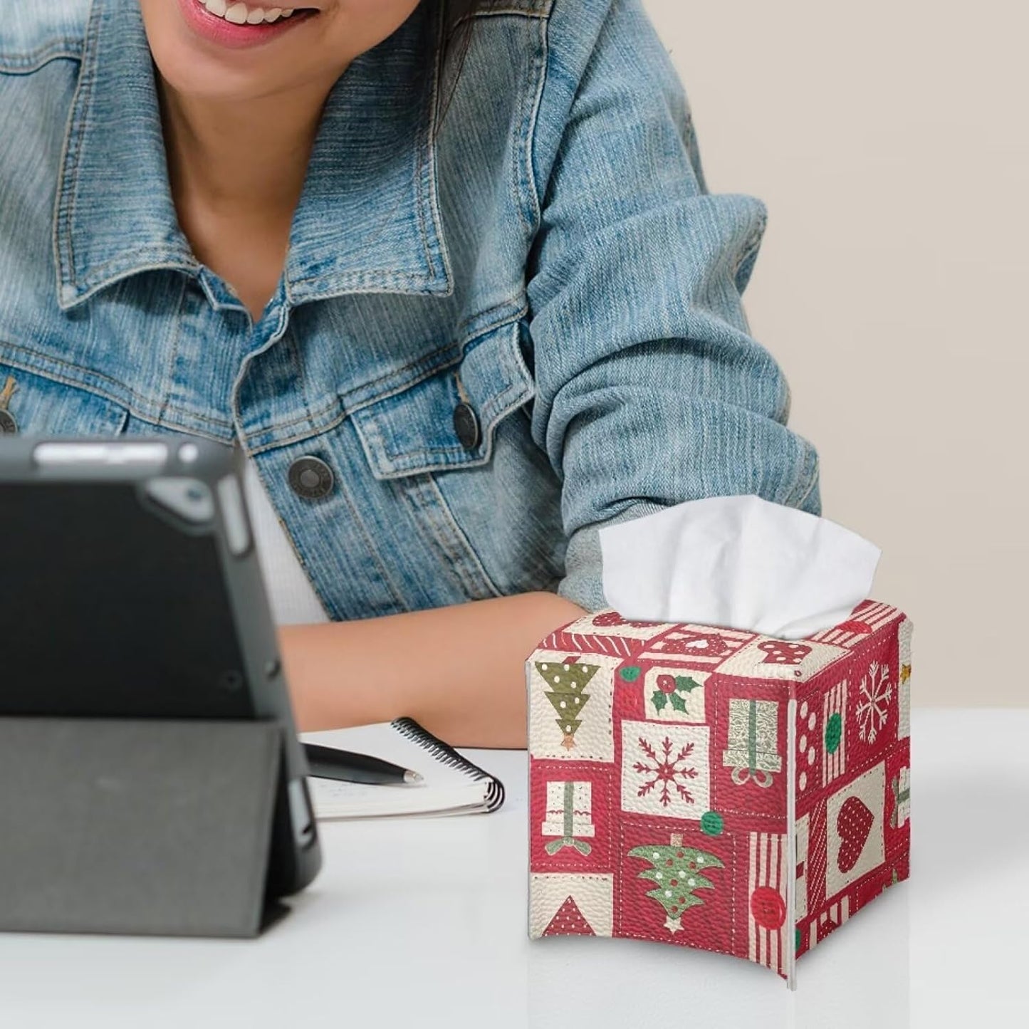 Christmas Tissue Box Cover Square Leather Tissue Cover Red Facial Paper Box Holder for Desk Bathroom Vanity Countertop 5x5x5 inch Xmas Home Decor
