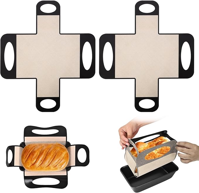 2-Pack Reusable Silicone Bread Sling for Sourdough – Non-Stick, Heat-Resistant Baking Mat with 4 Handles, Easy-Release Oven Liner Fits 9x5" or 1.5lb Loaf Pans