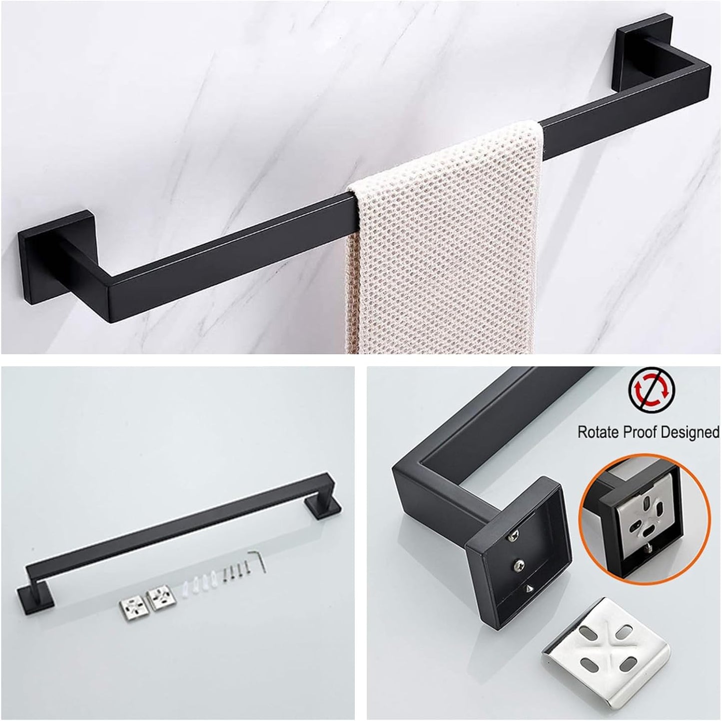 TAUN Bathroom Towel Bar Set 10 Pieces Matte Black Square Modern Bathroom Hardware Set SUS304 Bathroom Accessories Set Towel Rack Set for Bathroom Wall Mounted (Matte Black, 24 Inch), 10P-PHVC