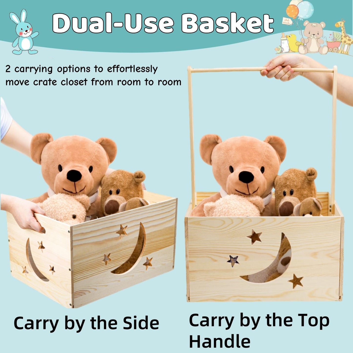 Jowgut Wooden Baby Shower Crate Closet, Large Capacity Toy Storage Basket with Handle Hanger Garland, Easy Assembly Storage Nursery Crate Hamper Personalized Gift Basket for New Parents