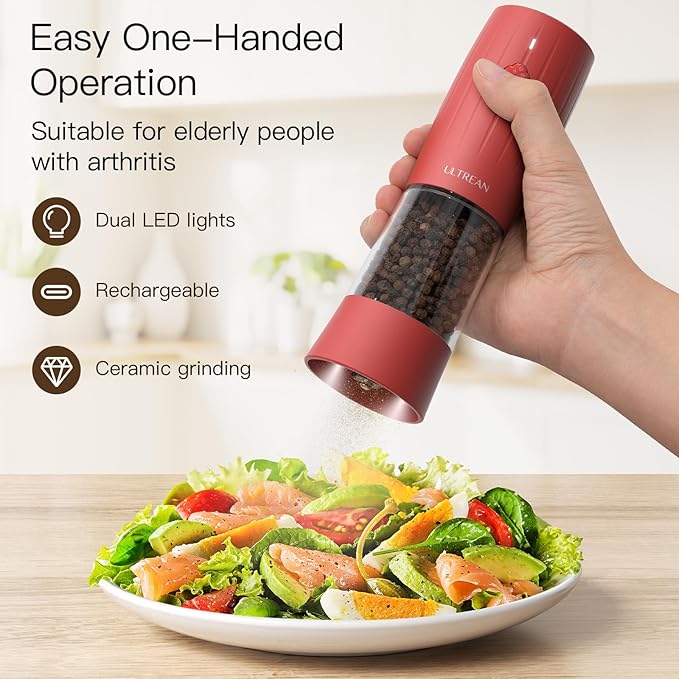 Ultrean Salt and Pepper Grinder Set, Rechargeable Salt and Pepper Mill, 6 Adjustable Coarseness, LED Light, Red Christmas Gifts, Crimson Red